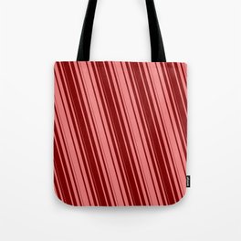 [ Thumbnail: Light Coral & Maroon Colored Stripes Pattern Tote Bag ]