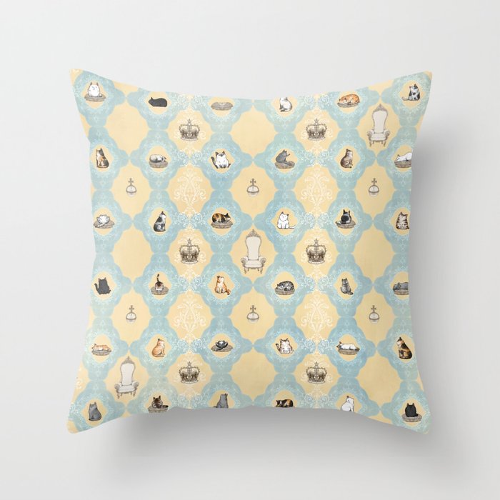 Royal Cats with crowns and throne blue and yellow pattern Throw Pillow