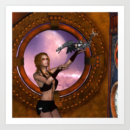 Wonderful steampunk lady with steam dragon Art Print