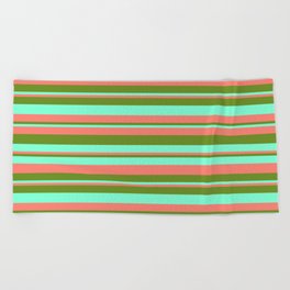 [ Thumbnail: Salmon, Green & Aquamarine Colored Stripes/Lines Pattern Beach Towel ]