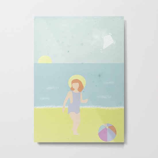 Girl at the beach with kite and ball in the 1950's vintage Metal Print