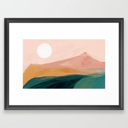 pink, green, gold moon watercolor mountains Framed Art Print
