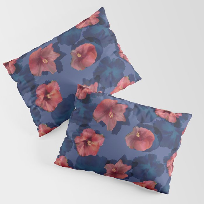 Scarlet hibiscus flowers on a blue background Pillow Sham