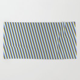 [ Thumbnail: Sky Blue, Slate Blue, Green, and Beige Colored Striped Pattern Beach Towel ]