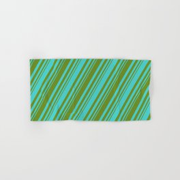 [ Thumbnail: Green and Turquoise Colored Stripes/Lines Pattern Hand & Bath Towel ]