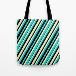 [ Thumbnail: Beige, Dark Turquoise & Black Colored Lines/Stripes Pattern Tote Bag ]