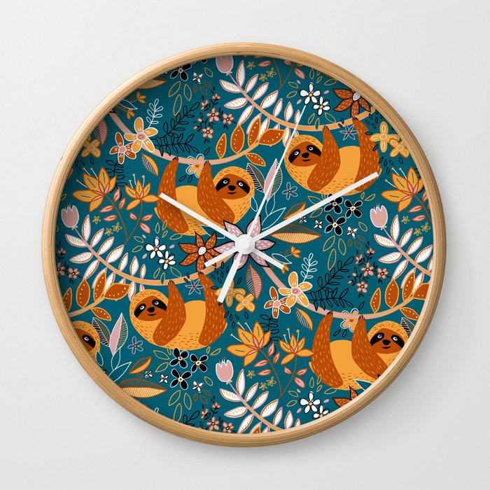 Happy Boho Sloth Floral Wall Clock