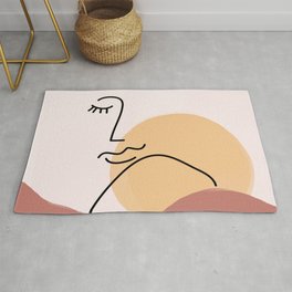 Lady On The Rise Rug | Linedrawing, Feminine, Lips, Sun, Yellow, Graphicdesign, Mountain, Sunrise, Simple, Mutedtones 