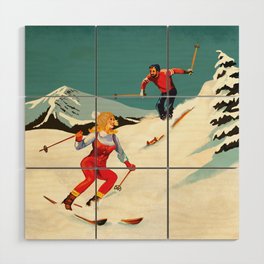 Retro Skiing Couple Wood Wall Art