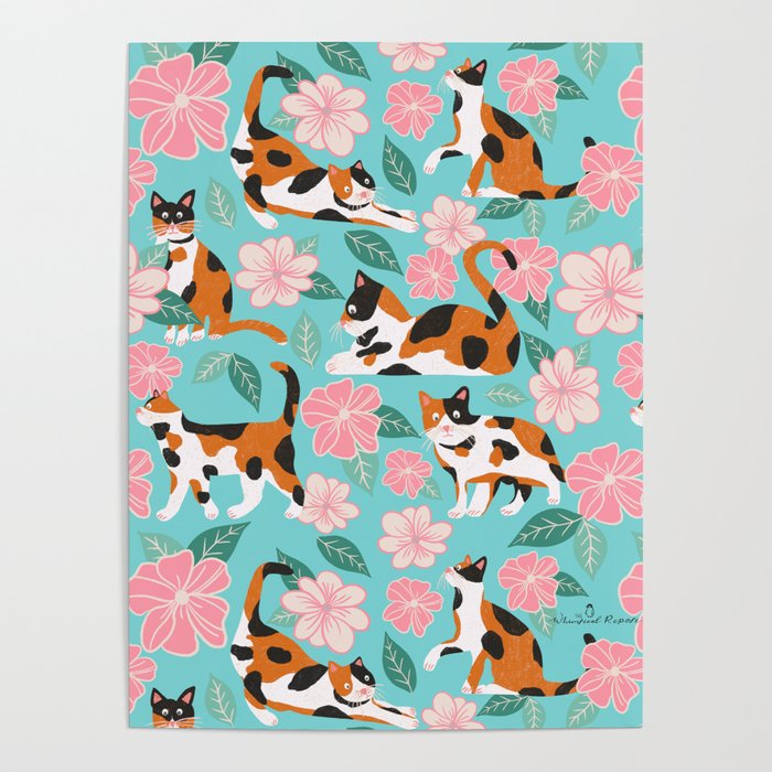 Cats & Blooms - Turquoise Pink Palette Poster