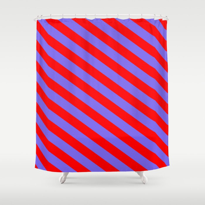 Medium Slate Blue and Red Colored Stripes/Lines Pattern Shower Curtain