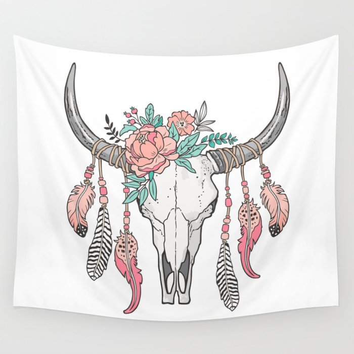 Boho Longhorn Cow Skull with Feathers and Peach Flowers Wall Tapestry