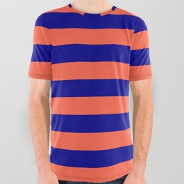 [ Thumbnail: Red and Dark Blue Colored Lines/Stripes Pattern All Over Graphic Tee ]