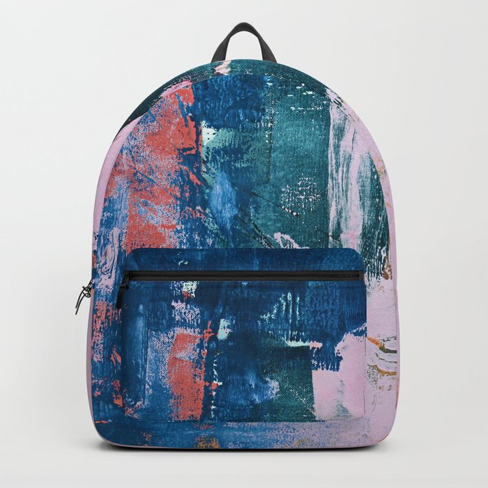 The Sword in the Stone: a vibrant abstract painting in blues pink and yellow by Alyssa Hamilton Art  Backpack