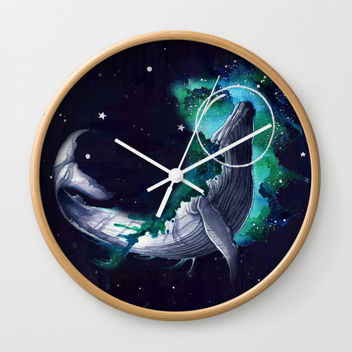 Blue Whale Swimming on The Space White Stars Wall Clock