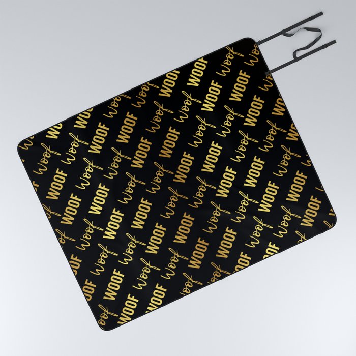 Dog Woof Quotes Black Yellow Gold Picnic Blanket