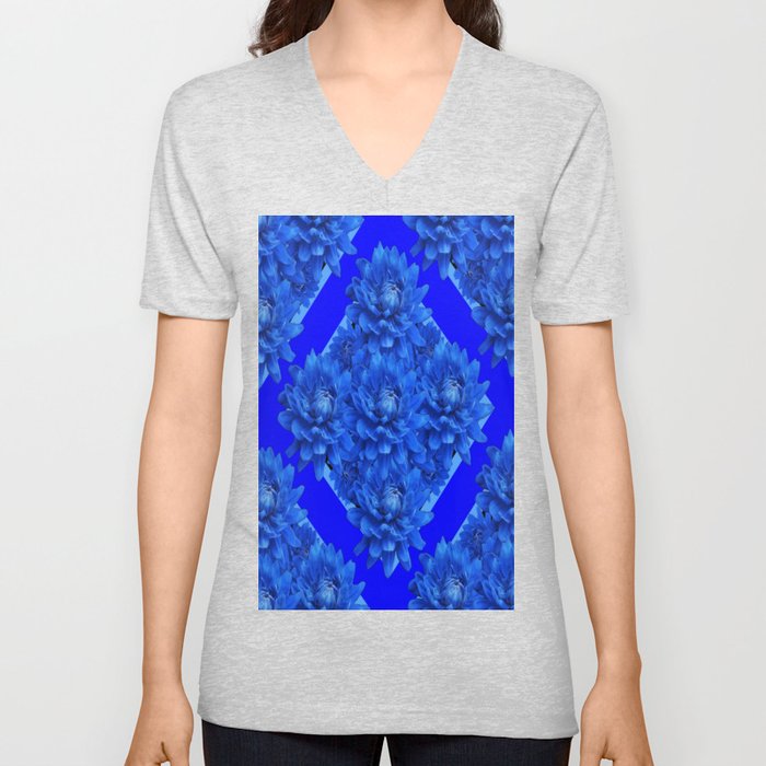 Shades of Blue Dahlia Flowers Pattern Art V Neck T Shirt