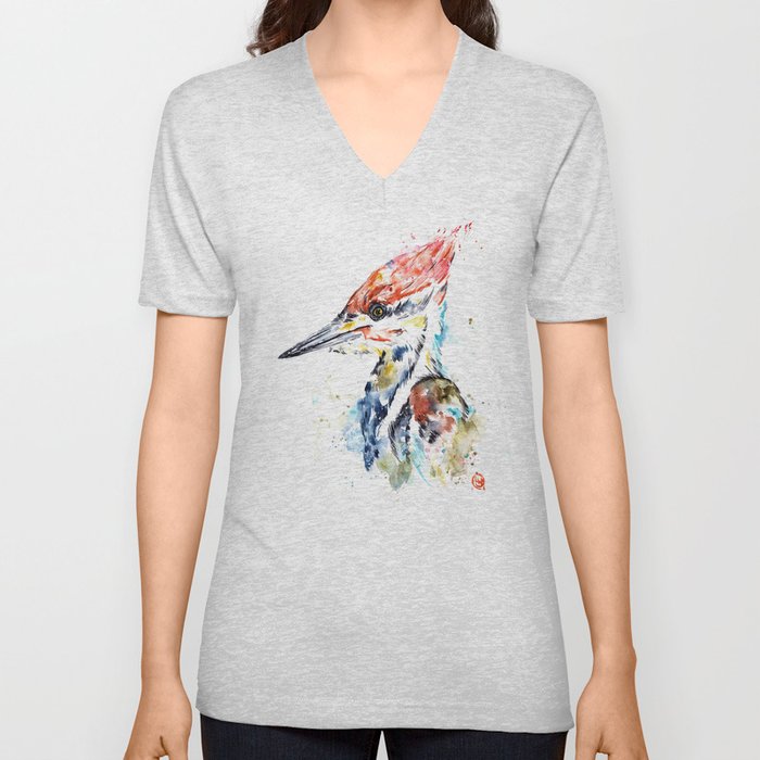 Woodpecker Colorful Watercolor Bird Painting V Neck T Shirt
