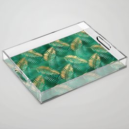 Gold Emerald Green Palm Leaves Pattern Acrylic Tray