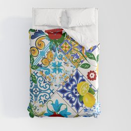 Tiles,mosaic,azulejo,quilt,Portuguese,majolica,lemons,citrus. Duvet Cover