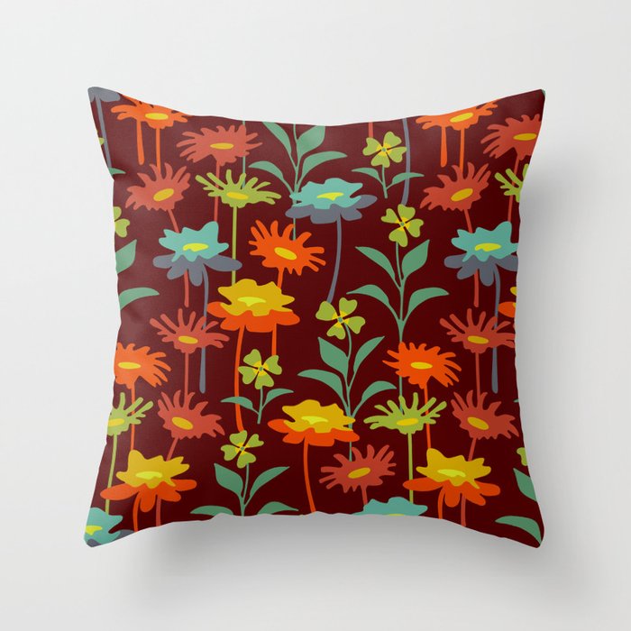 GARDEN MEADOW Retro Wildflower Floral in Warm Sunset Colours on Deep Rust - UnBlink Studio by Jackie Tahara Throw Pillow