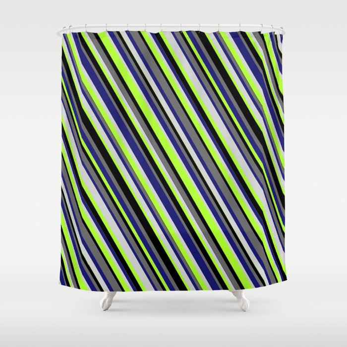 Colorful Midnight Blue, Light Gray, Light Green, Black, and Dim Grey Colored Stripes/Lines Pattern Shower Curtain