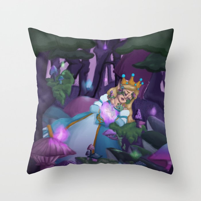 Sleeping Princess in Mushroom Forest Throw Pillow