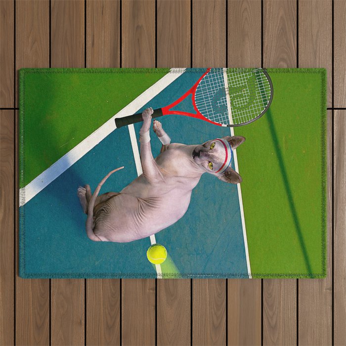 Sphynx Hairless Cat Playing Tennis Outdoor Rug