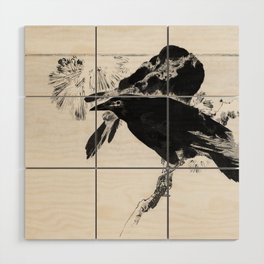 VIntage Japanese Raven Painting Wood Wall Art