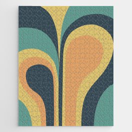 Retro Groovy Abstract Design in Charcoal, Teal, Yellow and Orange Jigsaw Puzzle