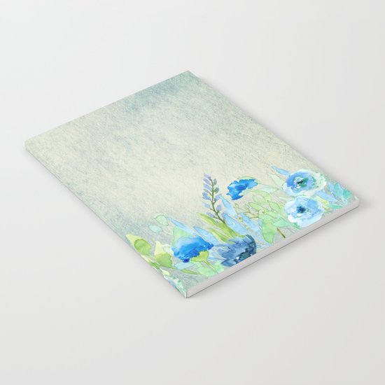 Blue flowers and roses in a meadow- Floral watercolor illustration Notebook
