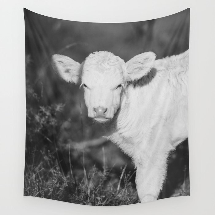 Cute Calf (Black and White) Wall Tapestry