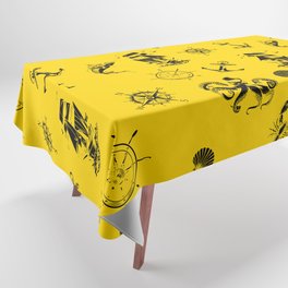Yellow And Black Silhouettes Of Vintage Nautical Pattern Tablecloth