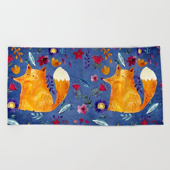 The Smart Fox in Flower Garden Beach Towel