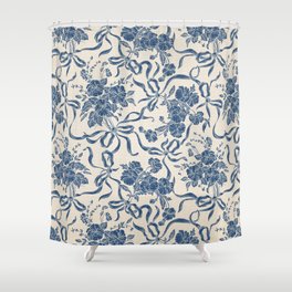 Chic Modern Vintage Ivory Navy Blue Floral Pattern Shower Curtain