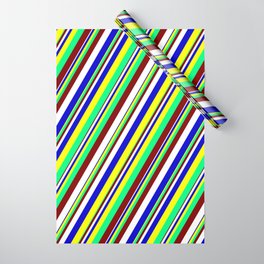 [ Thumbnail: Maroon, White, Blue, Yellow & Green Colored Striped Pattern Wrapping Paper ]