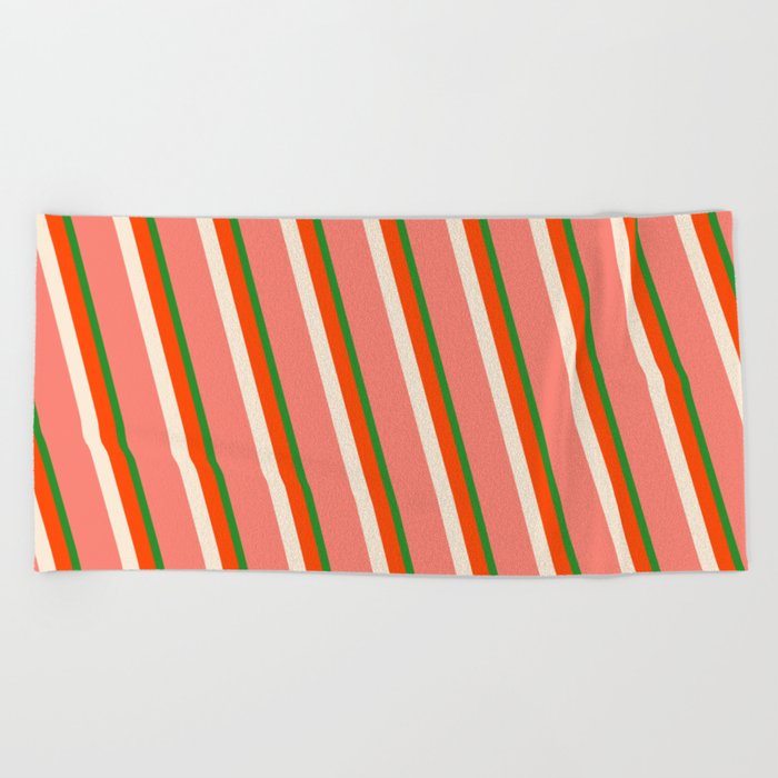 Forest Green, Red, Beige, and Salmon Colored Lined/Striped Pattern Beach Towel
