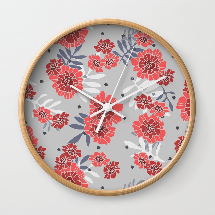 Crimson and Silver Floral Wall Clock