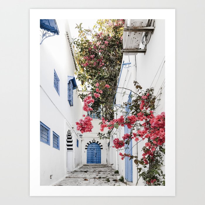 Blue Door Pink Blossom Photo | Tunisia Travel Photography | Alley With ...