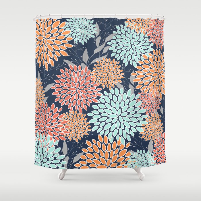 Navy blue and coral shower curtain sales