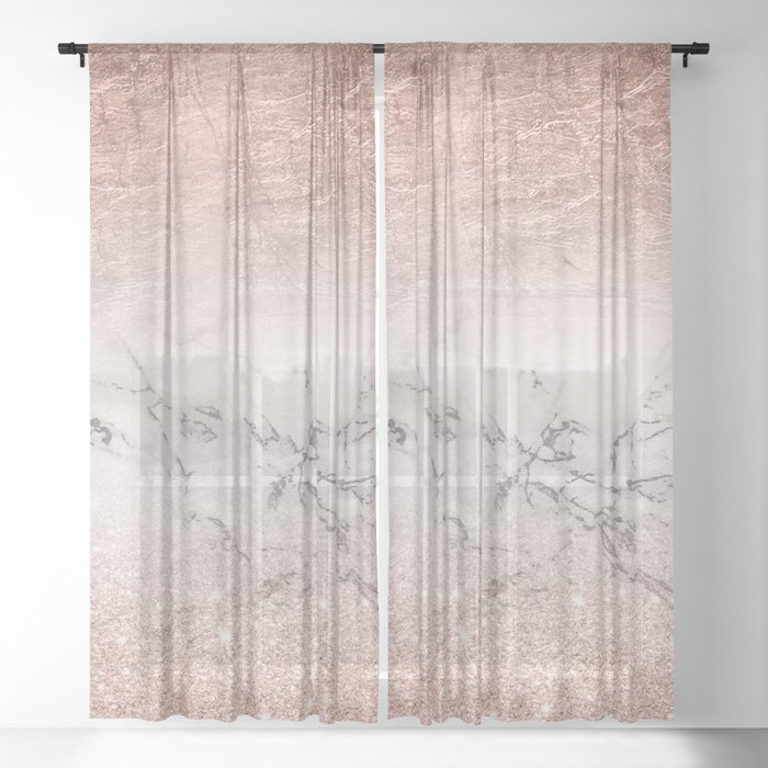 Modern faux rose gold glitter and foil ombre gradient on white marble color block Sheer Curtain