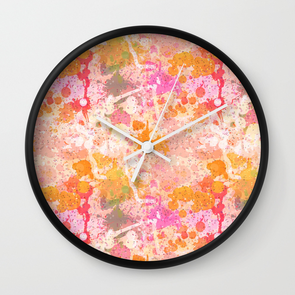 Abstract Paint Splatters Pink Orange Wall Clock