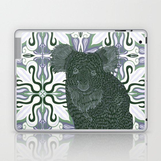 Sweet Koala bear sitting on a purple and green patterned background Laptop & iPad Skin