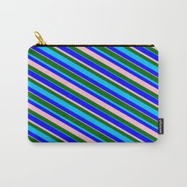 [ Thumbnail: Dark Green, Deep Sky Blue, Blue & Pink Colored Stripes/Lines Pattern Carry-All Pouch ]