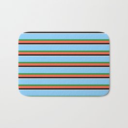 [ Thumbnail: Light Sky Blue, Forest Green, Red, Black, and White Colored Striped/Lined Pattern Bath Mat ]