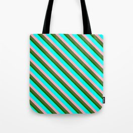 [ Thumbnail: Eye-catching Aqua, Light Pink, Dark Olive Green, Dark Green & Green Colored Stripes/Lines Pattern Tote Bag ]