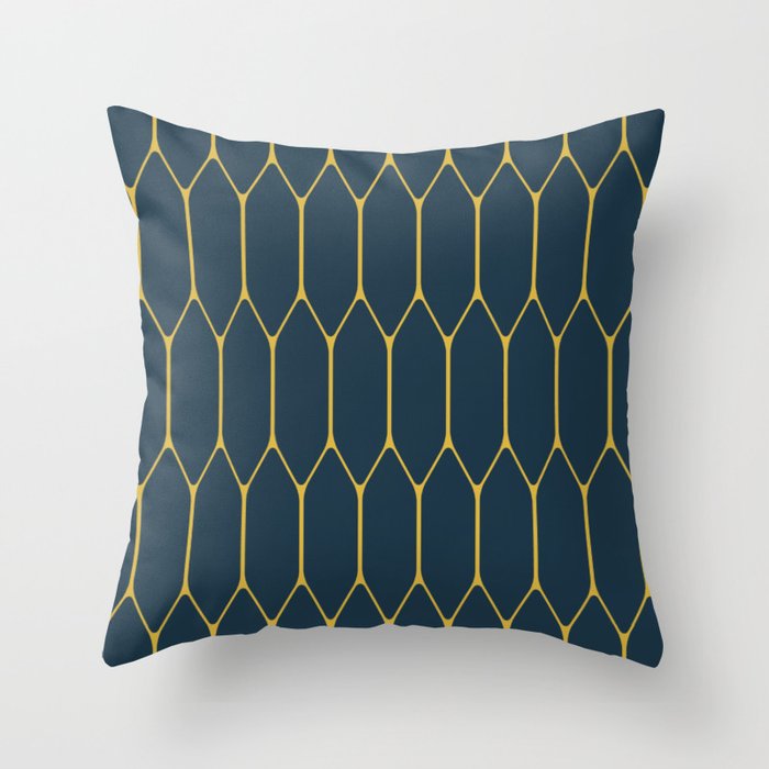 Long Honeycomb Minimalist Geometric Pattern in Light Mustard and Navy Blue Throw Pillow