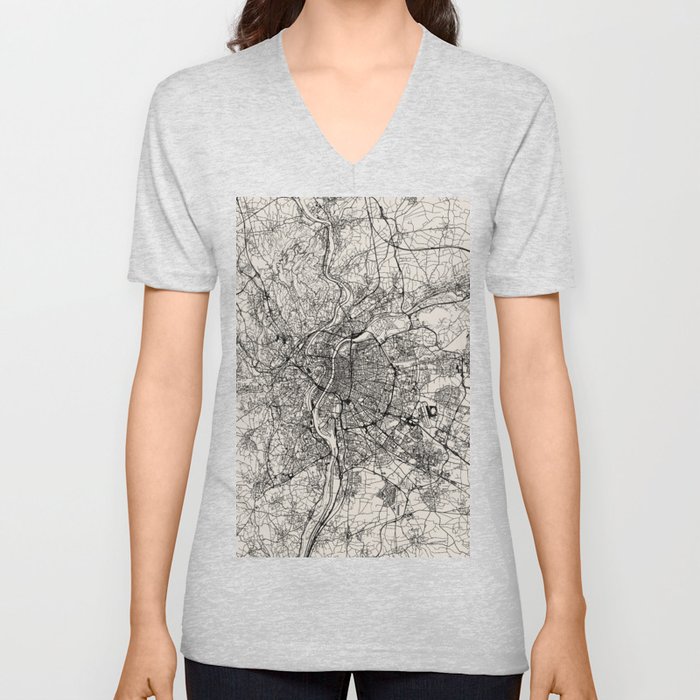 Lyon in France - Black&White Map V Neck T Shirt