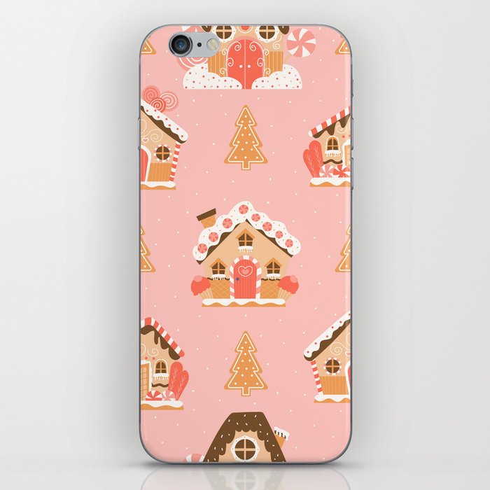 Christmas Gingerbread Houses and Trees in Cartoon Style on Pink Background Seamless Pattern with Snowflakes iPhone Skin