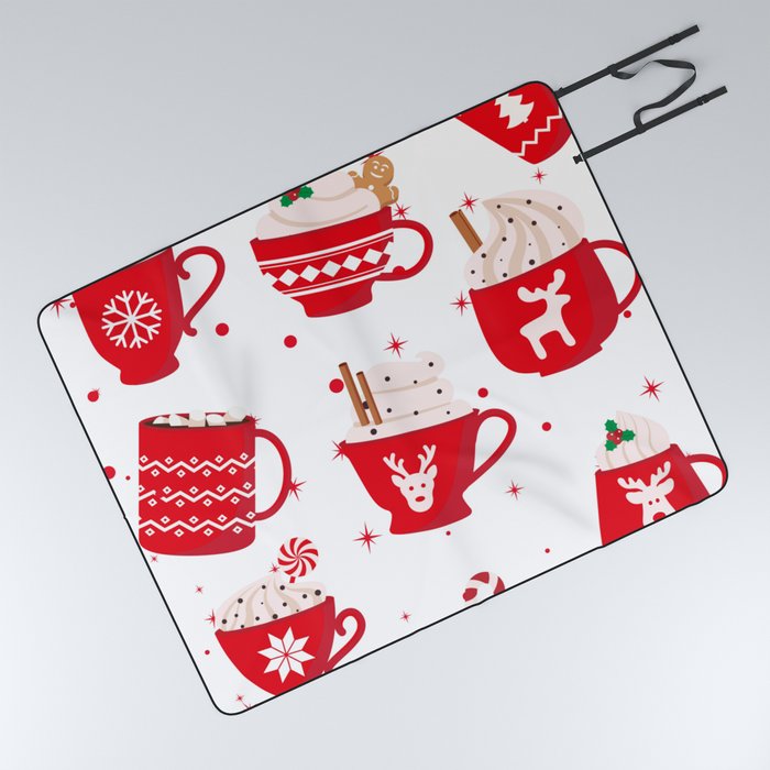 Seamless Pattern. Red Cup with a Hot Drink. Christmas Cute Card 02 Picnic Blanket